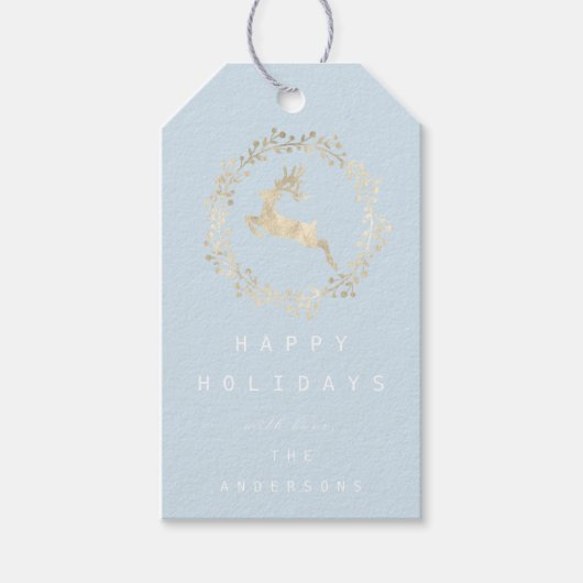Merry Kerstreindeer Champaigne Gold Blue Cadeaulabel (Voorkant)