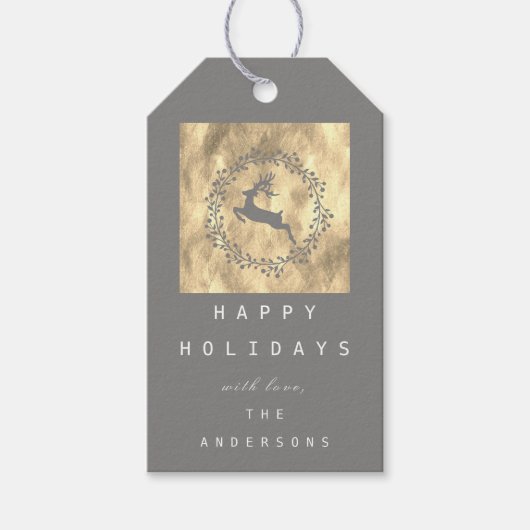 Merry Kerstreindeer Champaigne Gold Grey Cadeaulabel (Voorkant)