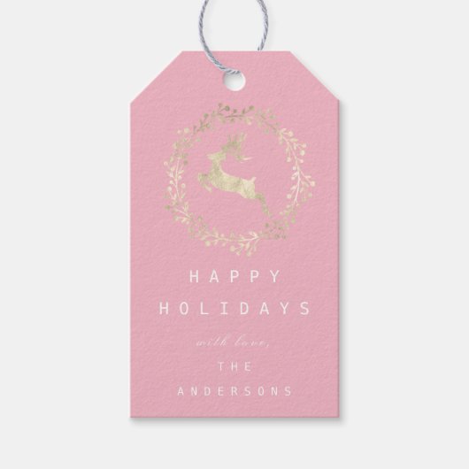 Merry Kerstreindeer Champaigne Gold Pink Cadeaulabel (Voorkant)