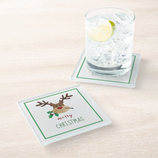 Merry Kerstreindeer Mistletoe Green Glazen Onderzetter (Schuin)