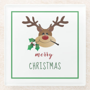 Merry Kerstreindeer Mistletoe Green Glazen Onderzetter