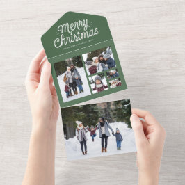 Merry kerstretro groene fotocollage vakantie all in one uitnodiging