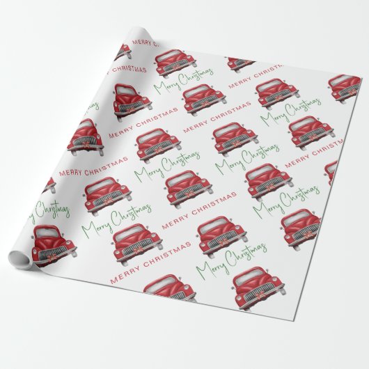 Merry-kerstrode auto-patroonscript cadeaupapier (Uitgerold)