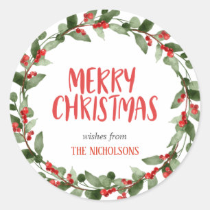 Merry Kerstrode Berry-script   Wreath Ronde Sticker