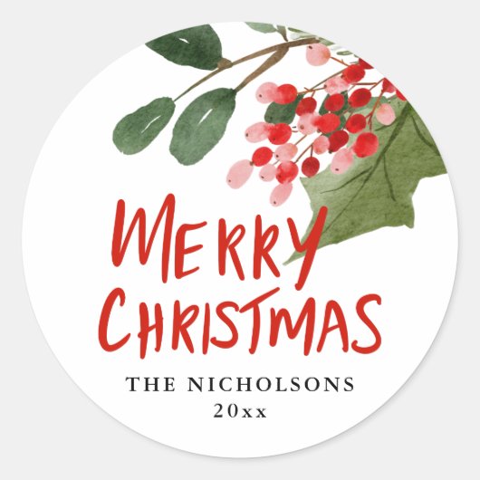 Merry Kerstrode Script Holiday Berry Ronde Sticker (Voorkant)