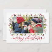 Merry kerstrode Waterverf Greenery Foto Feestdagenkaart (Voorkant)