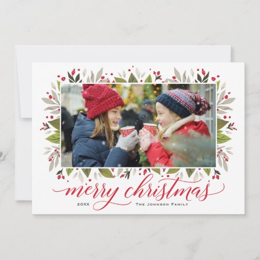 Merry kerstrode Waterverf Greenery Foto Feestdagenkaart (Voorkant)
