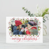 Merry kerstrode Waterverf Greenery Foto Feestdagenkaart (Staand voorkant)