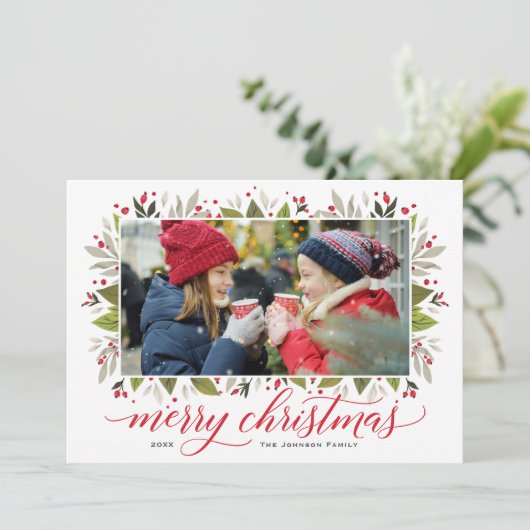 Merry kerstrode Waterverf Greenery Foto Feestdagenkaart (Staand voorkant)