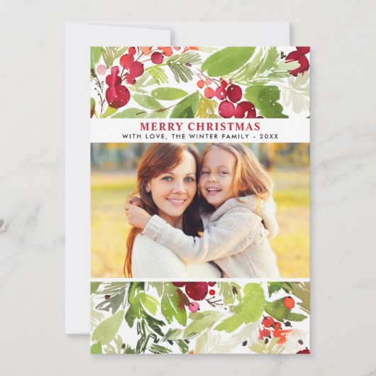 Merry kerstrode Waterverf Greenery Foto Feestdagenkaart (Voorkant)