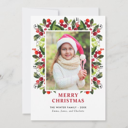 Merry kerstrode Waterverf Greenery Foto Feestdagenkaart (Voorkant)