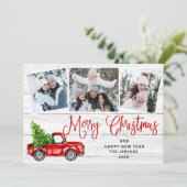 Merry kerstrood Boerderij Truck 3 Foto Feestdagenkaart (Staand voorkant)