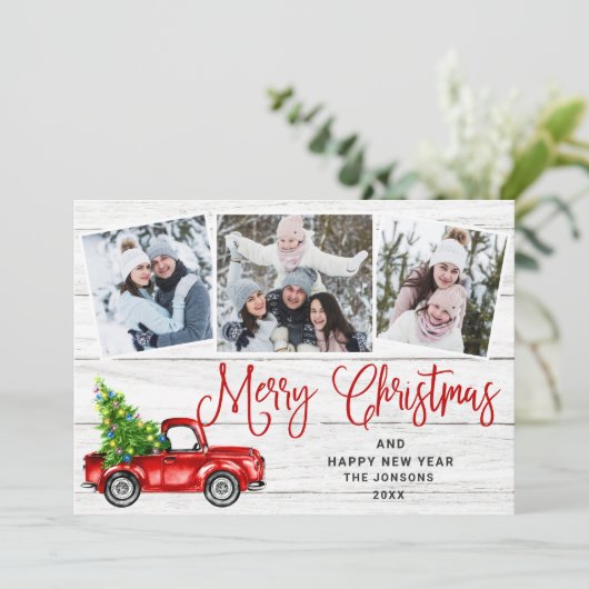 Merry kerstrood Boerderij Truck 3 Foto Feestdagenkaart (Staand voorkant)