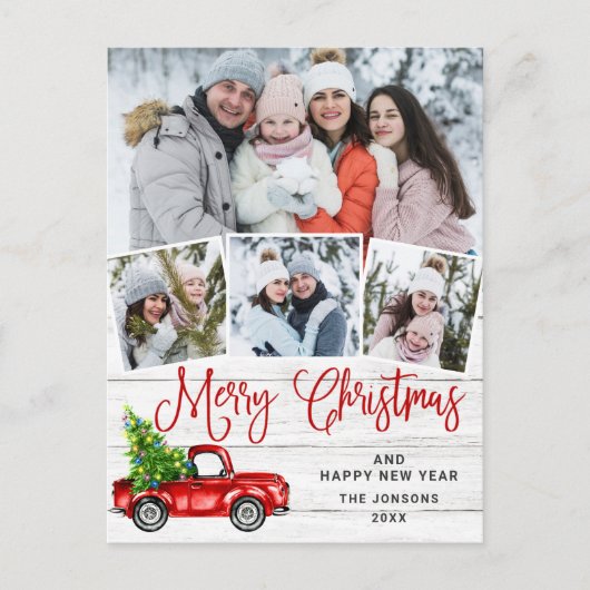 Merry Kerstrood Boerderij Truck 4-fotokaart Briefkaart (Voorkant)