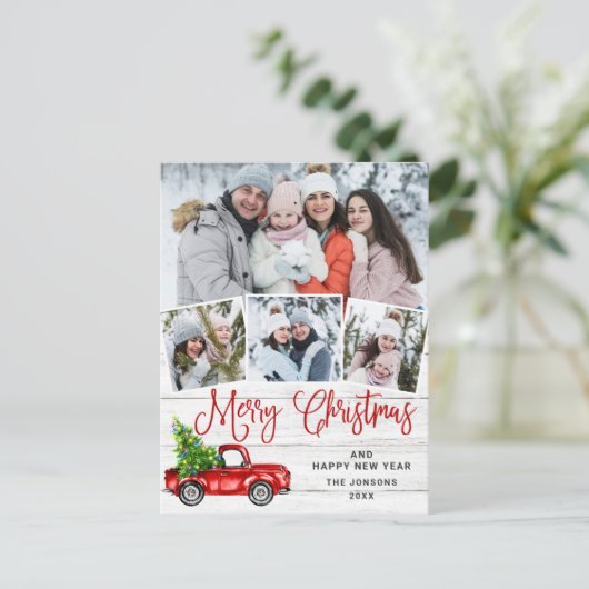Merry Kerstrood Boerderij Truck 4-fotokaart Briefkaart (Staand voorkant)