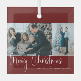Merry Kerstrood Script 2 Foto Collage Holiday Glas Ornament