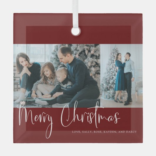 Merry Kerstrood Script 2 Foto Collage Holiday Glas Ornament (Voorkant)