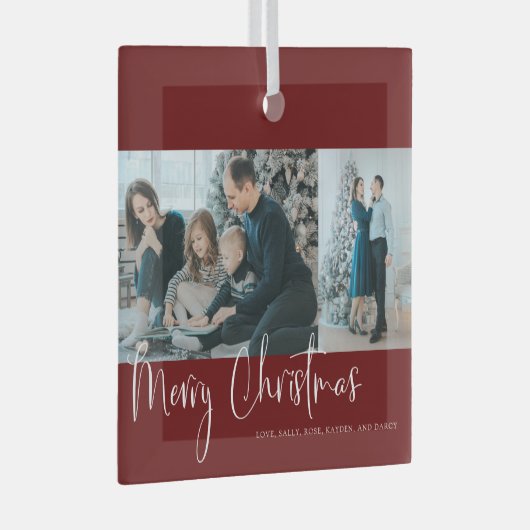 Merry Kerstrood Script 2 Foto Collage Holiday Glas Ornament (Voorkant Rechts)