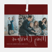 Merry Kerstrood Script 2 Foto Collage Holiday Glas Ornament (Achterkant)