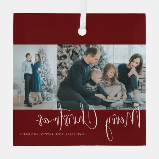 Merry Kerstrood Script 2 Foto Collage Holiday Glas Ornament (Achterkant)