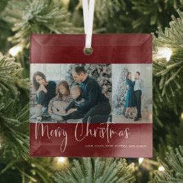 Merry Kerstrood Script 2 Foto Collage Holiday Glas Ornament