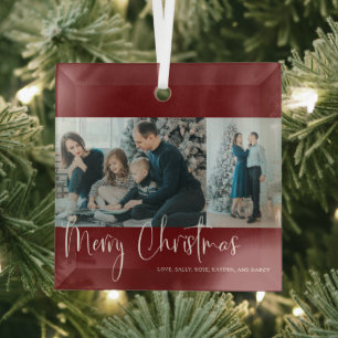 Merry Kerstrood Script 2 Foto Collage Holiday Glas Ornament