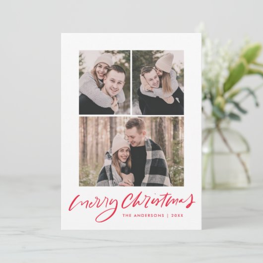 Merry Kerstrood Script 3 Foto Collage Feestdagenkaart (Staand voorkant)