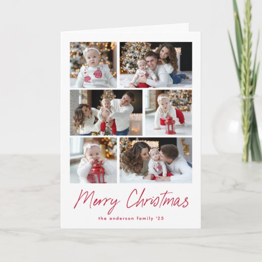 Merry Kerstrood Script 6 Foto Collage Feestdagen Kaart (Voorkant)