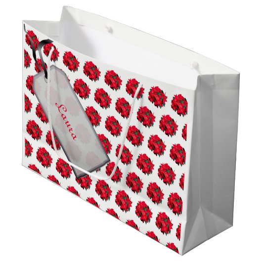 Merry-kerstrood/wit Poinsettia-ontwerp Large Cadeautasje (Voorkant Gekanteld)