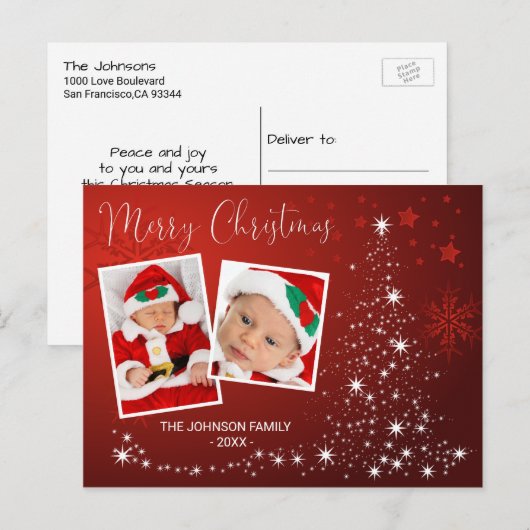 Merry Kerstroodboom Twinkly Lights Snow PHOTO Feestdagenkaart (Voorkant / Achterkant)