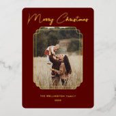 Merry Kerstroodfoto Gold Lijst Snowflake Folie Feestdagenkaart (Voorkant)