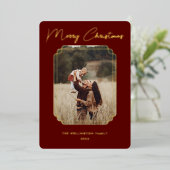 Merry Kerstroodfoto Gold Lijst Snowflake Folie Feestdagenkaart (Staand Voorkant)