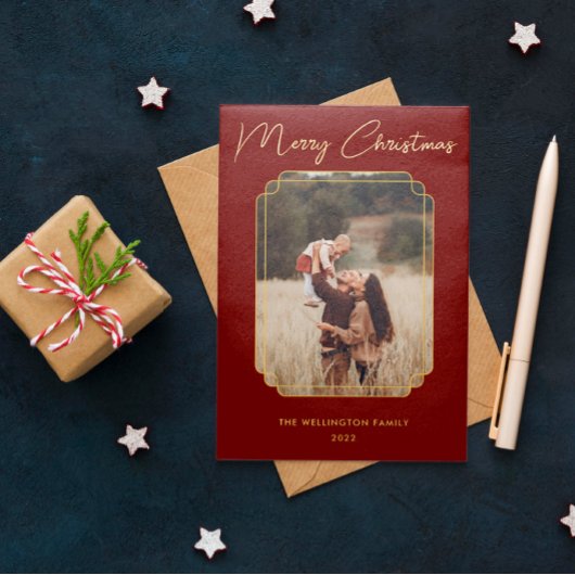 Merry Kerstroodfoto Gold Lijst Snowflake Folie Feestdagenkaart