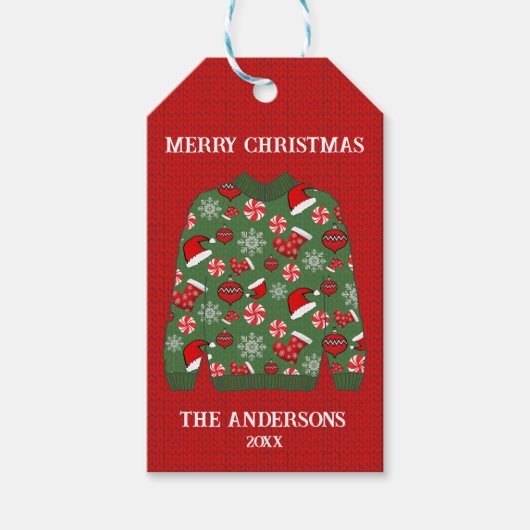 Merry Kerstroodgroene Ugly Sweater Cadeaulabel (Voorkant)