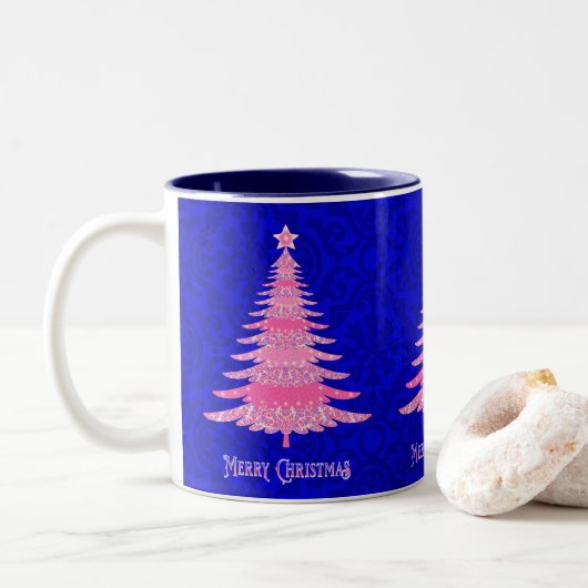 Merry kerstroze boom - Sparkle Snowflakes Tweekleurige Koffiemok (Met donut)