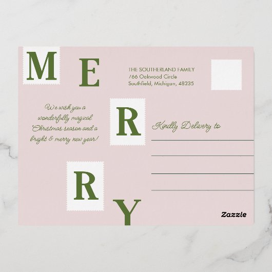 Merry Kerstroze deur Snowglobe postabel Folie Feestdagen Briefkaart (Achterkant)