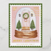 Merry Kerstroze deur Snowglobe postabel Folie Feestdagen Briefkaart (Voorkant)
