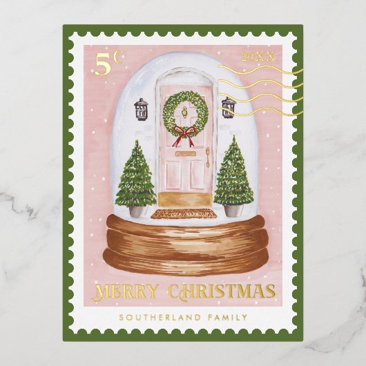 Merry Kerstroze deur Snowglobe postabel Folie Feestdagen Briefkaart (Voorkant)