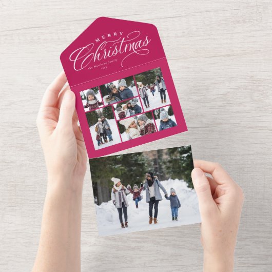 Merry Kerstroze fotocollage unieke feestdag All In One Uitnodiging (Afscheurbaar)
