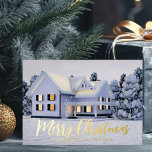 Merry kerstry Real Estate Company Winter Gold Folie Feestdagenkaart<br><div class="desc">Deze prachtige, aangepaste goudfolie-vakantiekaart voor onroerend goed is ideaal voor een realiteitenbedrijf in het noorden. De prachtige witte sneeuw leidt de bomen en het huis op deze winterfoto. Een makelaar kan Kerst van de Zuurzame in gouden manuscript houden of met hun eigen seizoensgroeten aanpassen. Voeg je persoonlijke bericht aan de...</div>
