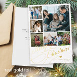 Merry kerstscript 6 foto collage familie folie feestdagenkaart<br><div class="desc">Elegant luxe Merry Real Gold folie klassiek kalligrafiescript zes familiefoto's eenvoudige witte feestkaart met aan beide kanten aangepaste tekst op maat. GELIEVE OPMERKING TE MAKEN dat de achtergrondkleur bewerkbaar is. U kunt het veranderen nadat u de optie AANPASSEN onder het PERSONALIZE IT-menu hebt geselecteerd. Als u zich niet gemakkelijk voelt...</div>