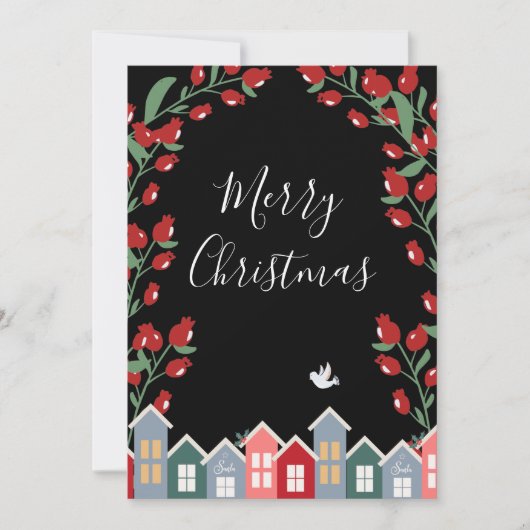 Merry kerstscript Black Floral personaliseren Feestdagenkaart (Voorkant)