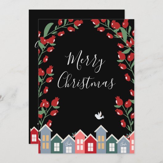 Merry kerstscript Black Floral personaliseren Feestdagenkaart (Voorkant / Achterkant)
