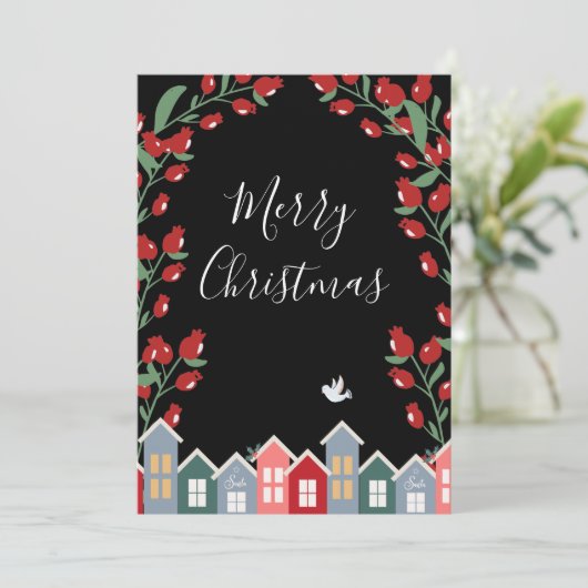 Merry kerstscript Black Floral personaliseren Feestdagenkaart (Staand voorkant)