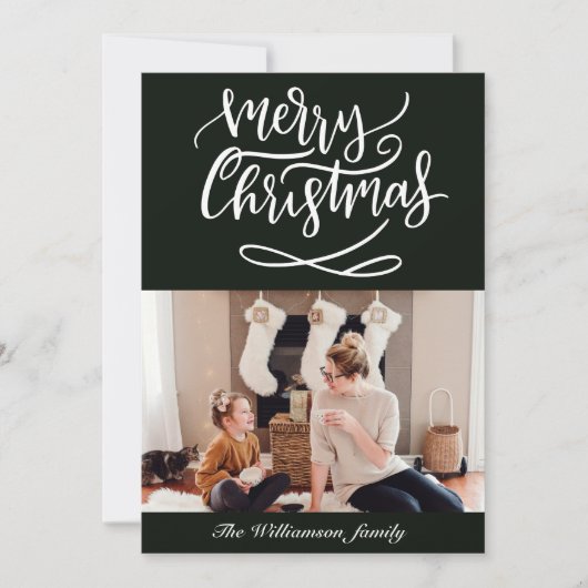 Merry Kerstscript Foto donkergroen Feestdagenkaart (Voorkant)