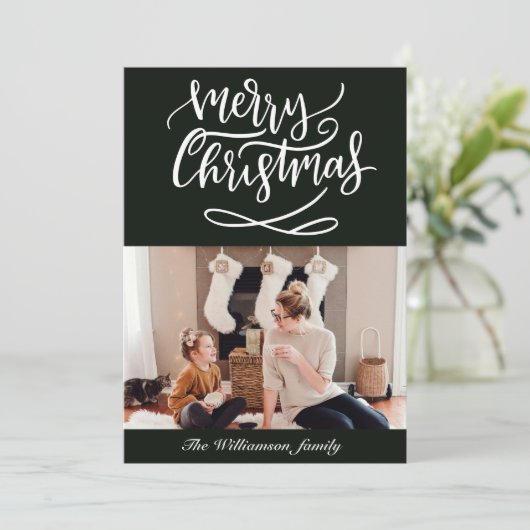 Merry Kerstscript Foto donkergroen Feestdagenkaart (Staand voorkant)