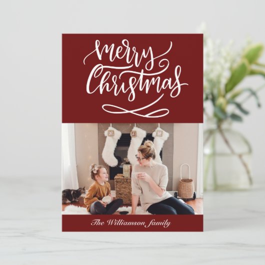 Merry Kerstscript Foto Red Feestdagenkaart (Staand voorkant)