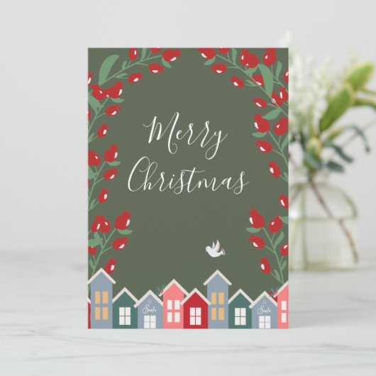 Merry kerstscript Green Floral personaliseren Feestdagenkaart (Staand voorkant)