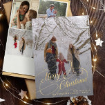 Merry kerstscript, groet met meerdere foto's uit d feestdagenkaart<br><div class="desc">Elegant faux Gold scriptbedekking 5 aangepaste foto collage familienaam en tekst op maat van kerstfeestkaart.</div>