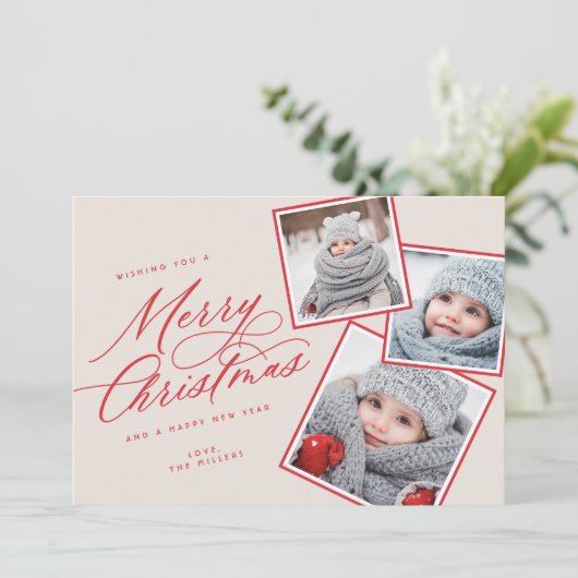 Merry kerstscript, met meerdere foto's, Blush Feestdagenkaart (Staand voorkant)